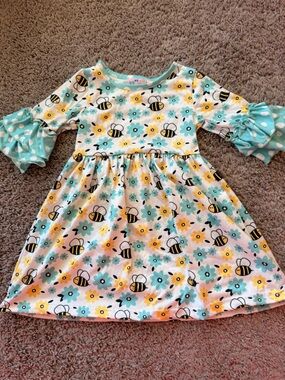 Lucy Girls Bee & Floral Dress in White, Yellow, Aqua, Black